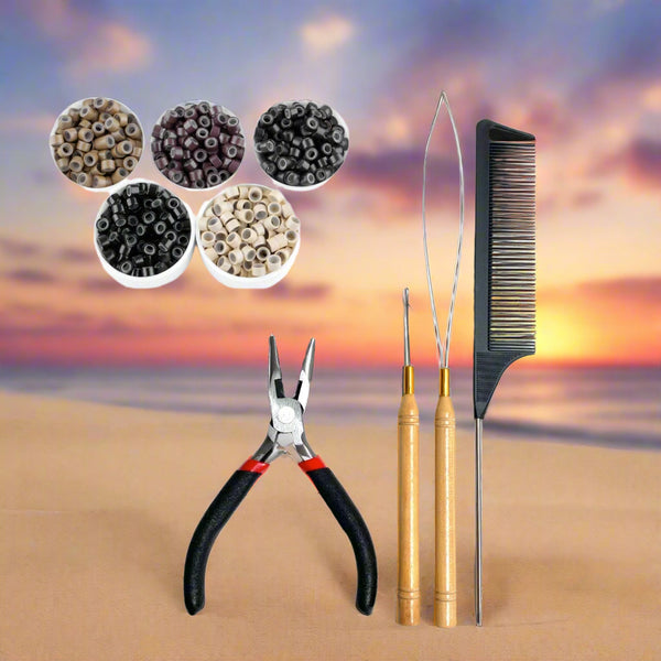 Set of Hair-attachment tools including beads, pliers, and a comb on a white background