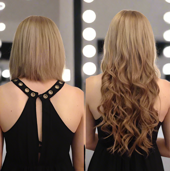 Before and after comparison of a woman's hairstyle with a black dress.