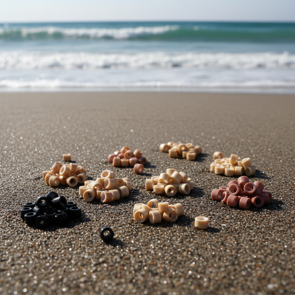 Colorful hair rings a sandy beach with ocean waves in the background
