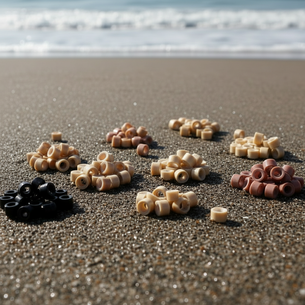 Colorful hair arranged on a sandy beach with ocean waves in the background