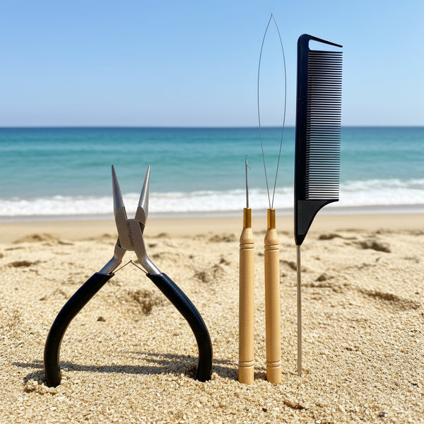 Set of jewelry-making tools including pliers, wire cutters, and a comb on a white background