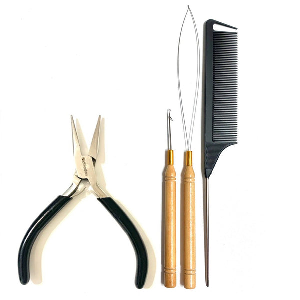 Set of jewelry-making tools including pliers, files, and a comb on a white background