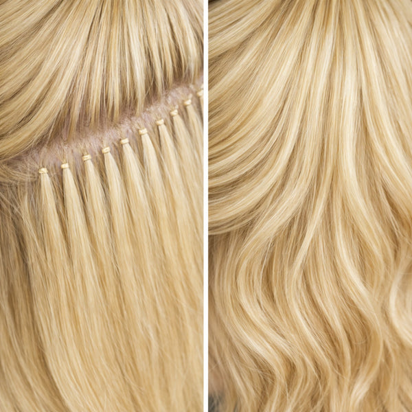 3mm nano bead hair extensions before and after blonde hair