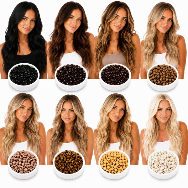 3mm nano bead colour chart , a colour matching grid of women with different hair colours matching to same coloured silicone lined nano bead rings for hair extensions