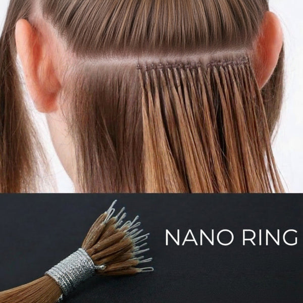 Close-up of nano ring hair extensions with a black background and text.