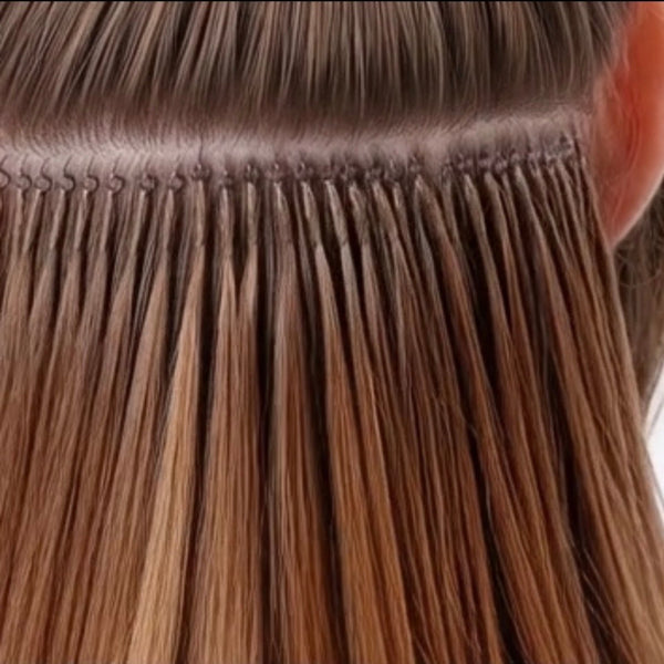 Close-up of brown hair extensions being worn.