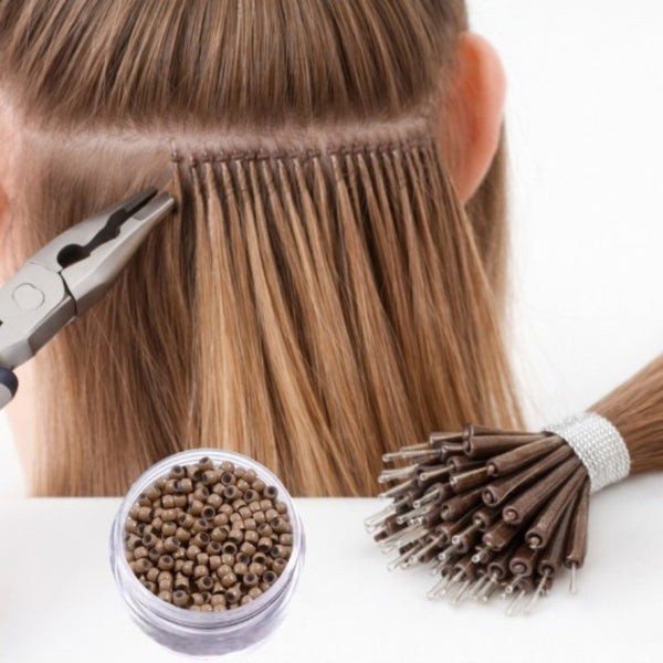3mm nano hair extension beads silicone lined installation close up