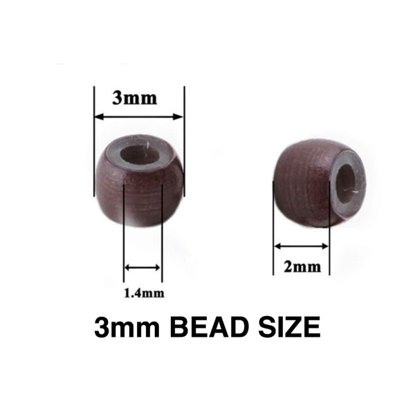 Two wooden beads with measurements on a white background