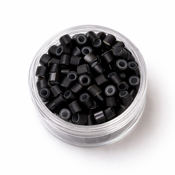 4mm black #1 silicone lined hair extension beads in clear jar