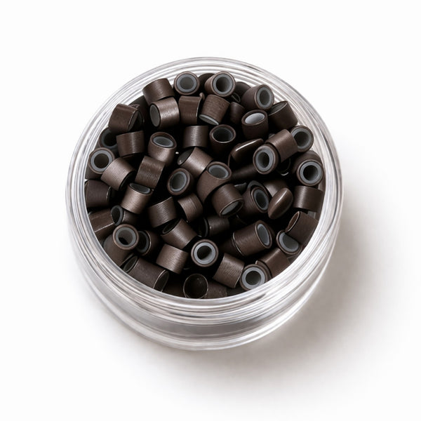 4mm dark brown #3 silicone lined hair extension beads in clear jar