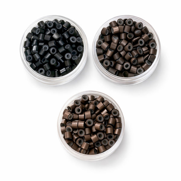 4mm silicone lined micro beads black dark brown and brown in clear jars top view