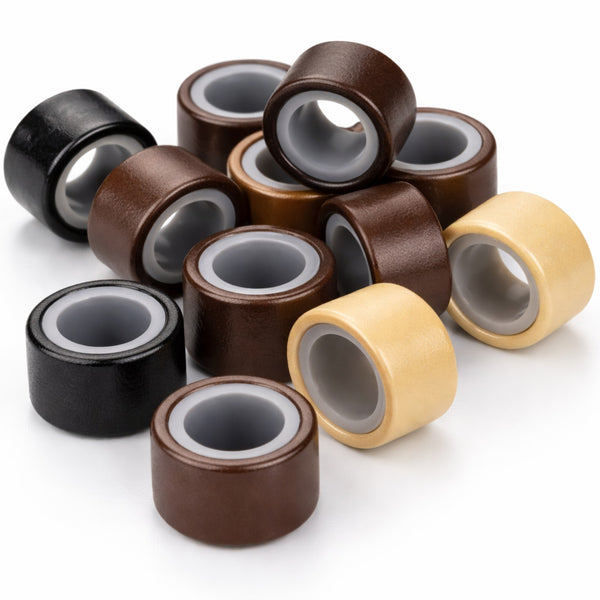 mm silicone lined micro hair extension beads close up in black #1 dark brown #3 brown #5 and blonde #13
