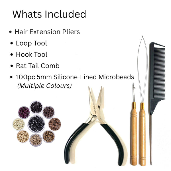 Hair extension tools and materials including pliers, loop tool, hook tool, rat tail comb, and silicone-lined microbeads on a white background.