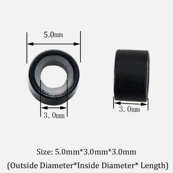 Black cylindrical round bead silicone lined with measurements on a white background