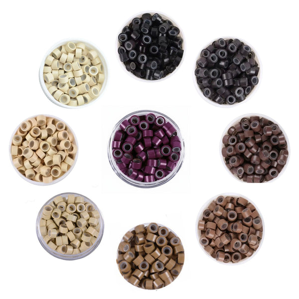 Set of 5mm size hair extension beads in small cylindrical containers in various colors arranged in a grid on a white background.