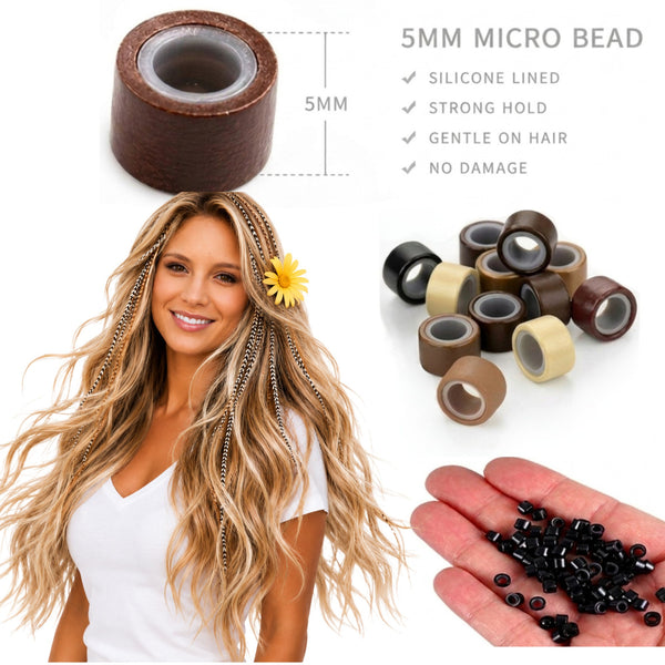5mm micro bead rings hand size guide for installing beads with human hair extensions, and feather hair extensions into hairstyles, by Wild4Feathers brand