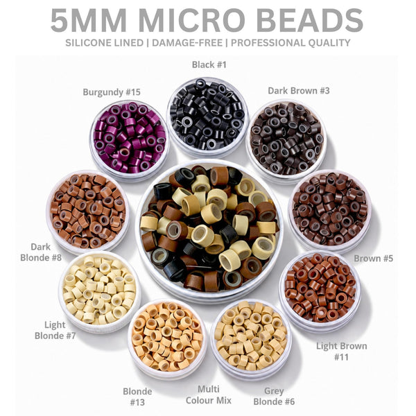 5mm micro beads for salon hair extensions in colours black, brown, blonde, and multi colour mix hair colours