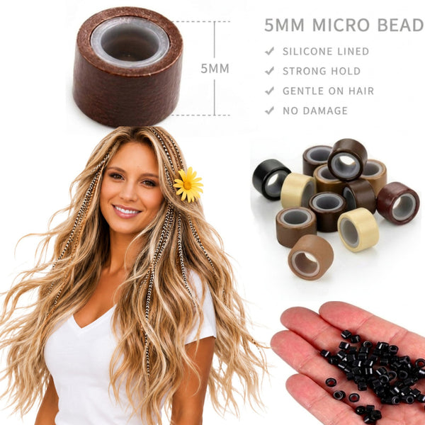 5mm micro bead s for hair extensions close up listing features like silicone lining, strong hold, gentle on hair, and no damage.