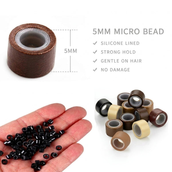 5mm micro beads silicone-lined measurement, size shown on a hand and in a pile for hair extension applications