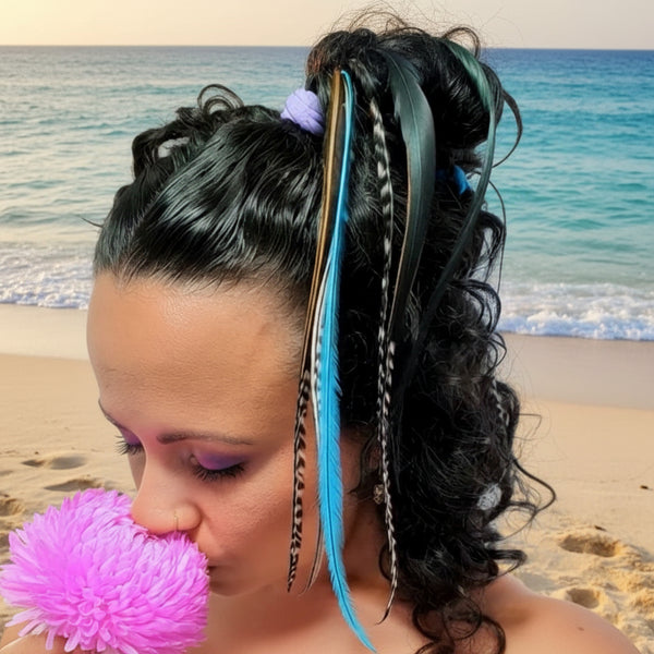 Woman with feathered hair holding a pink ball indoors