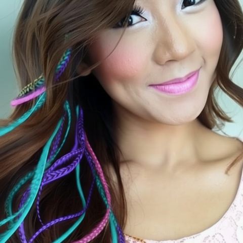 Close-up of a woman with colorful hair feathers in her hair