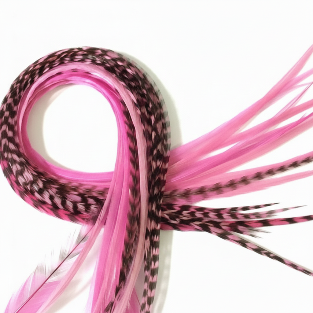 Pink and black striped feathers on a white background