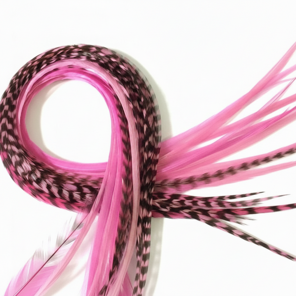 Pink and black striped feathers on a white background