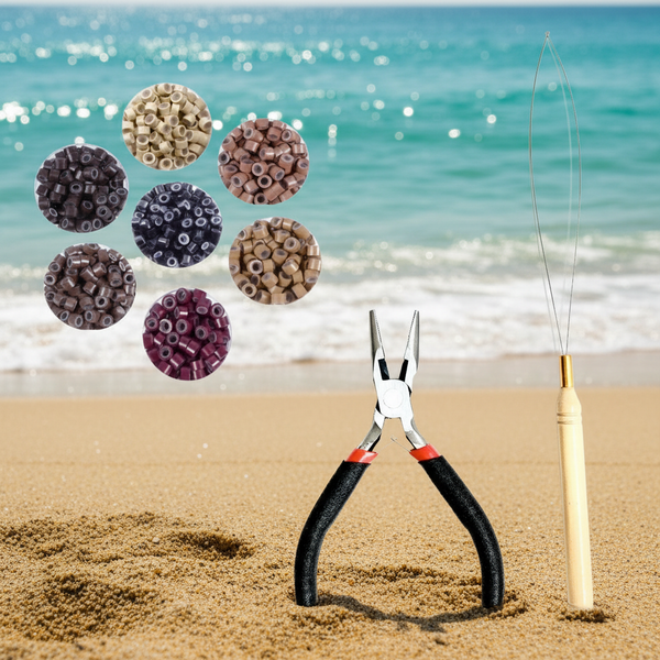 Hair tools including pliers and a Loop Tool Threader on a beach with coloured hair ring beads above.