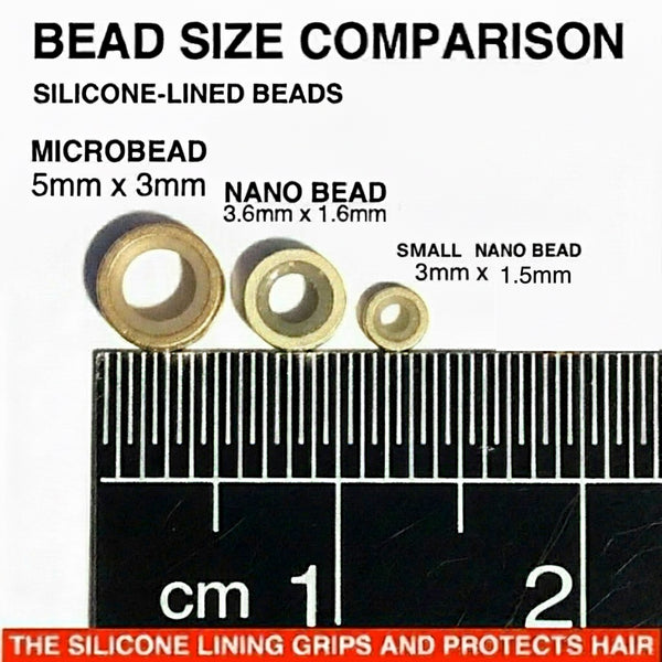 Comparison of silicone-lined beads with a ruler for size measurement.