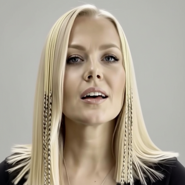 Woman with blonde hair styled in braids against a gray background