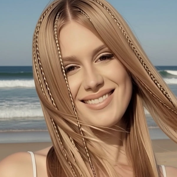 Woman with blonde hair and hair feathers against a blue sky background