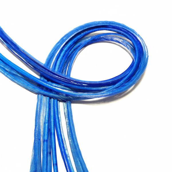 Coiled solid blue feather hair extensions on a white background