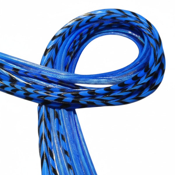 Coiled blue and black feather extensions bundled together on a white background