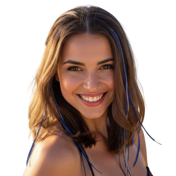 Woman with blue hair extensions on a white background