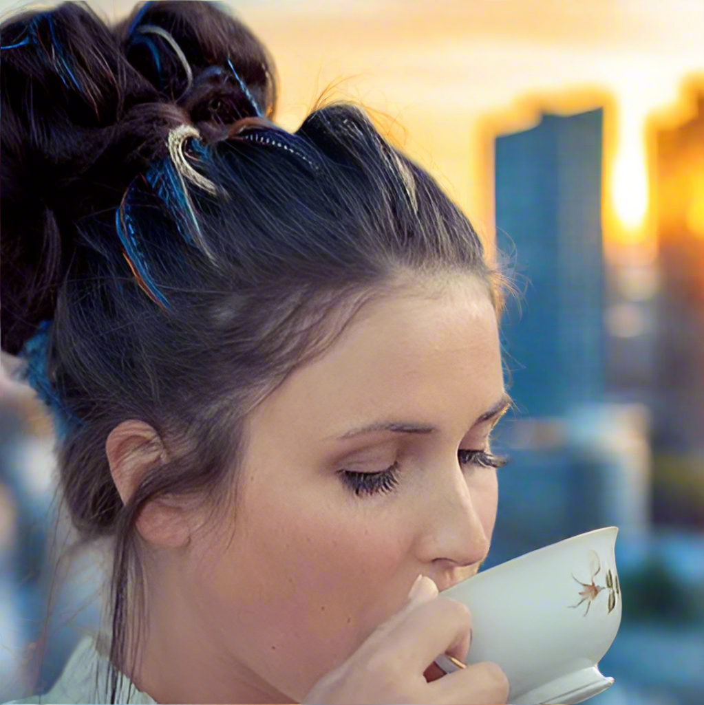 Girl drinking tea with blue hair feathers in hairstyle wrapped in a bun