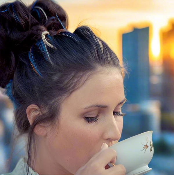 Girl drinking tea with blue hair feathers in hairstyle wrapped in a bun
