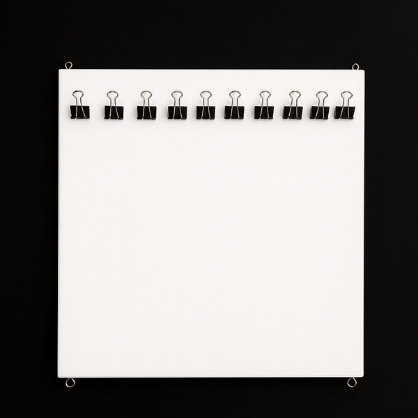 White canvas board with black clips on a black background