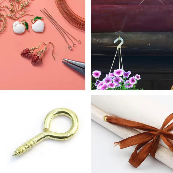 Collage of jewelry-making supplies including earrings, wire, pliers, a hook, and ribbon.