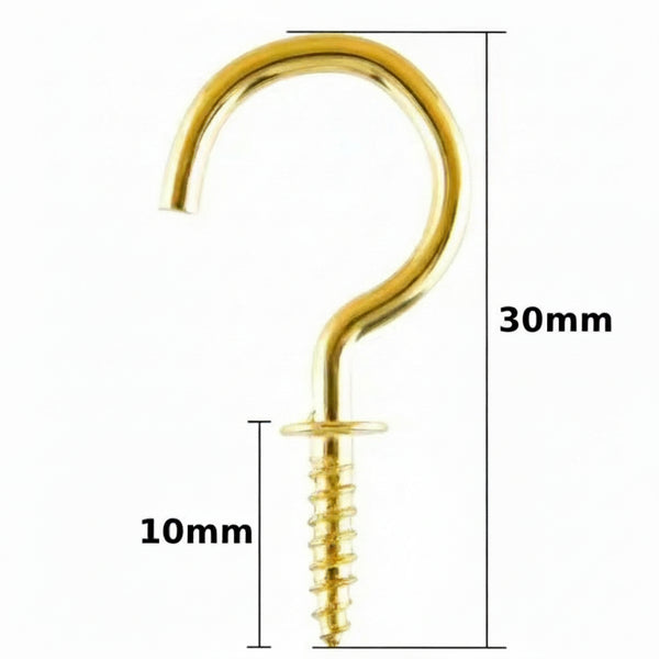 Gold eye hook with measurements on a white background
