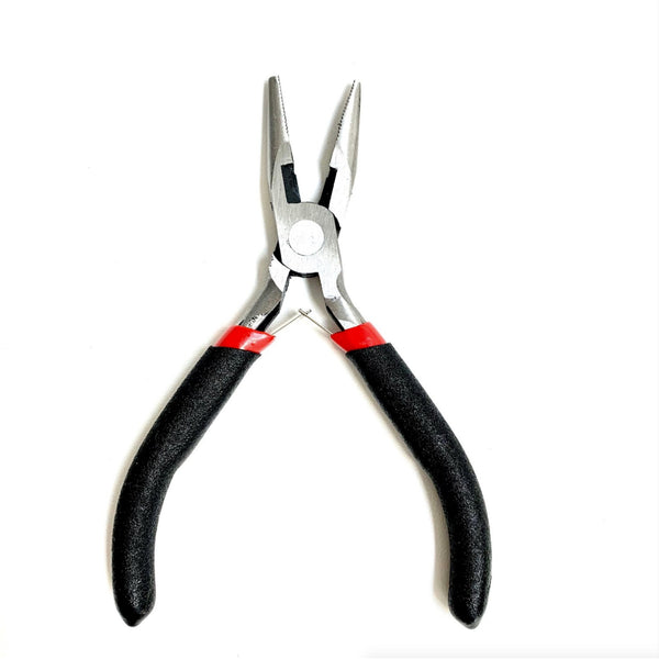 Pair of pliers with black handles and red accents on a white background