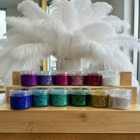 Chunky Glitters at glamorous hair salon with ostrich feathers