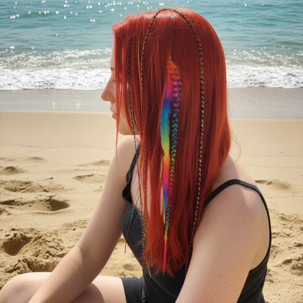 sitting In the sand with sparkling ocean waves in the background, with hair feathers in hair