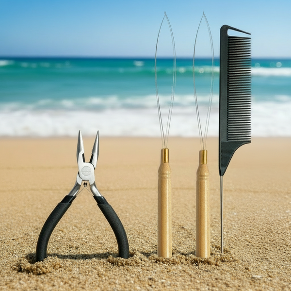 Hair extensions tools including stainless steel plier, 2 loop tool threaders, a black comb on a sandy beach with ocean in the background