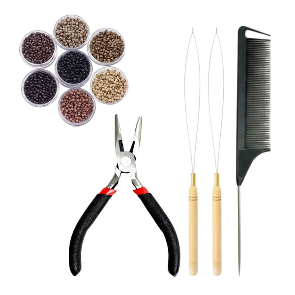Set of hair extension tools including pliers, 3mm size hair beads, and a black rat tail comb on a white background
