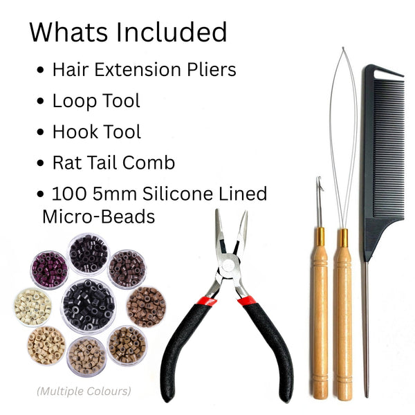 Set of hair extension tools including pliers, loop tool, hook tool, rat tail comb, and silicone-lined micro-beads on a white background.