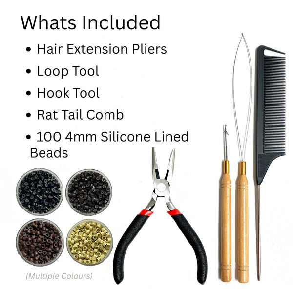 Set of hair extension tools including pliers, loop tool, hook tool, rat tail comb, and silicone-lined beads on a white background.