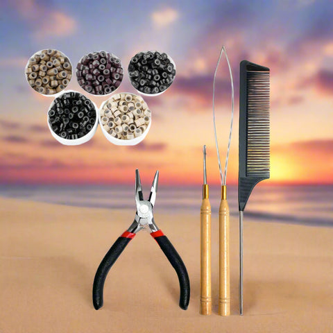 Set of Hair-attachment tools including beads, pliers, and a comb on a white background