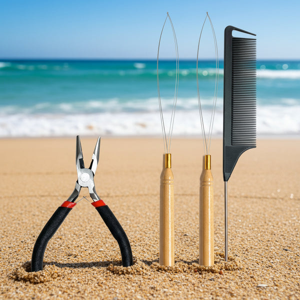 Set of grooming tools including pliers, combs, and brushes on a white background