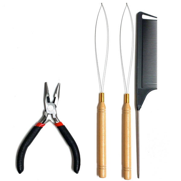 Set of hair styling tools including pliers, combs, and brushes on a white background