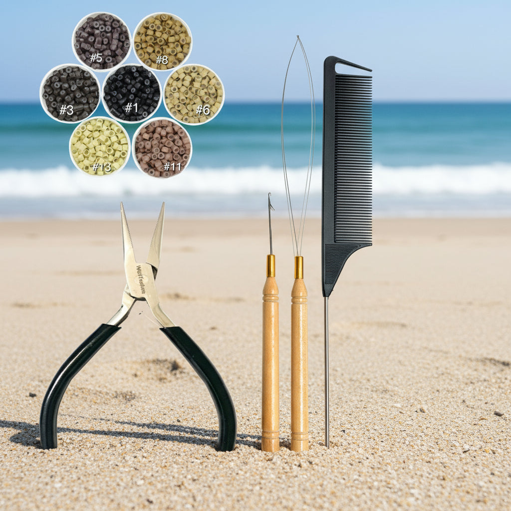 Set of jewelry-making tools including pliers, files, and a comb on a white background.